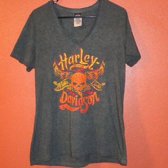 Harley-Davidson Tops - Harley Davidson Woman Large Gray Yellow Orange Graphic Skull Short Sleeve Shirt